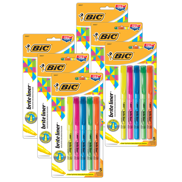 Bic Brite Liner® Highlighters, Chisel Tip, Assorted, 5 Per Pack, PK6 BLP51W-ASTBN